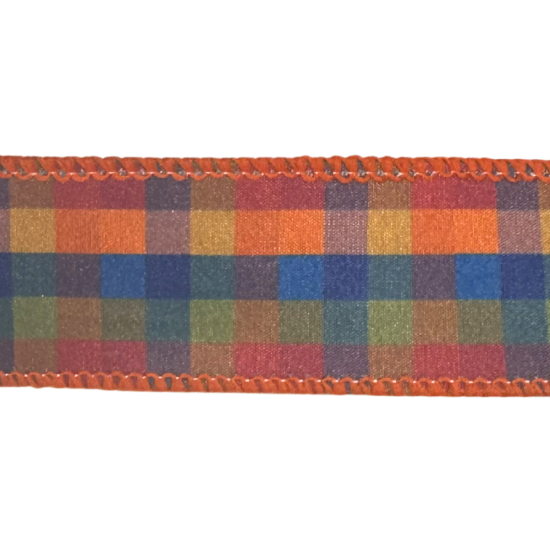 1.5" x 10yd Fall Plaid Blue/Orange Dupioni Ribbon