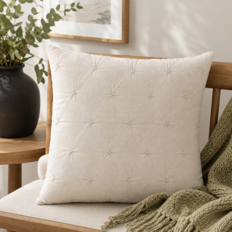 18" Diamond Tuck Ivory Indoor Pillow