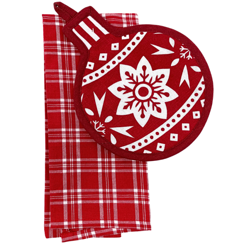 Christmas Ornament & Red Plaid Kitchen Towel Set