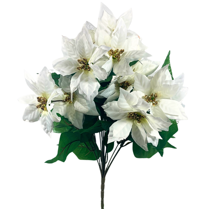 20" White w/ Gold Sequin Poinsettia Bush