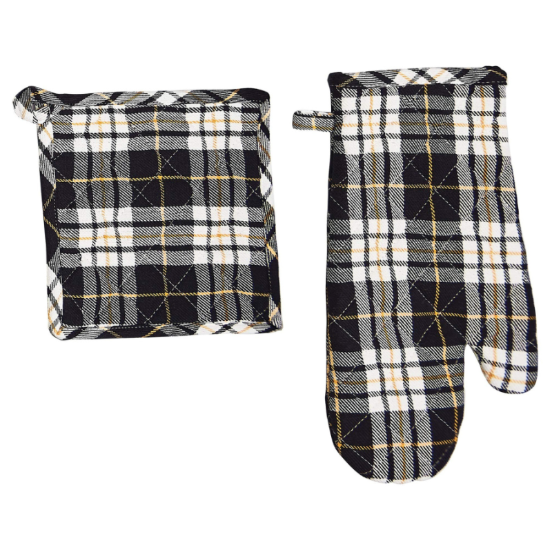 Black, White and Yellow Plaid Oven Mitt and Potholder Set