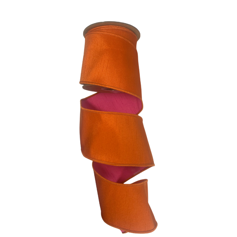4" x 10yd Double Sided Dupioni Ribbon- Orange/Hot Pink