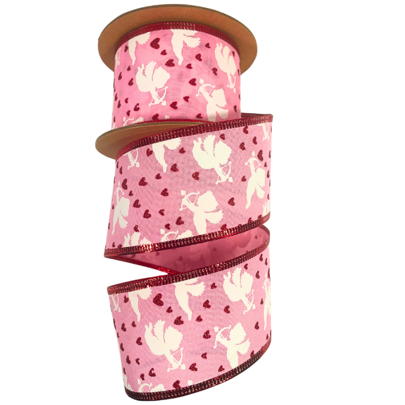 2.5" x 10yd Pink w/ Cupids & Red Glitter Hearts Wired Ribbon