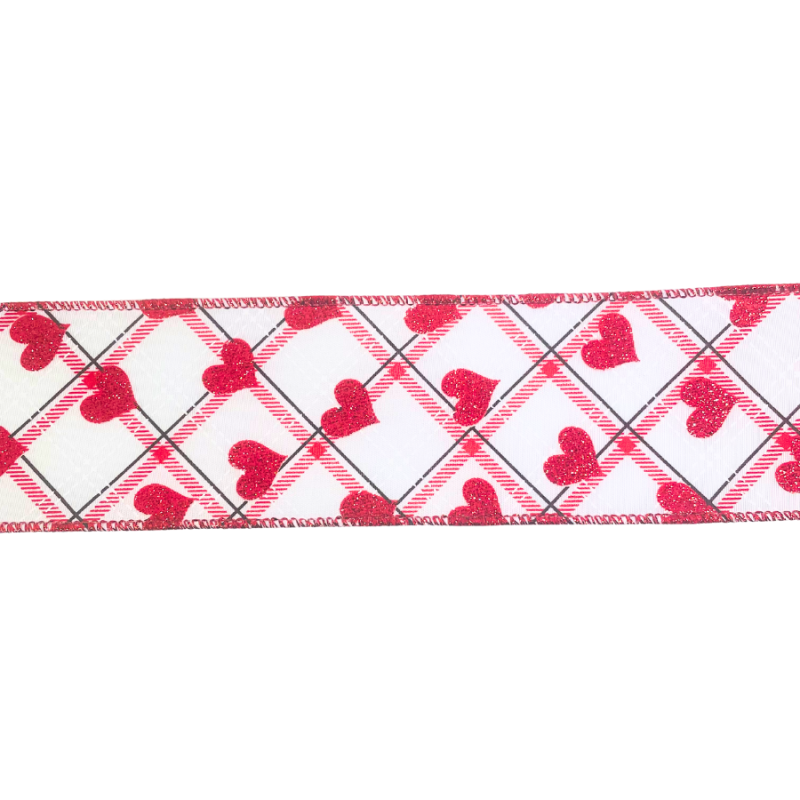 2.5" x 10yd Red Glitter Heart on Bias Plaid Wired Ribbon