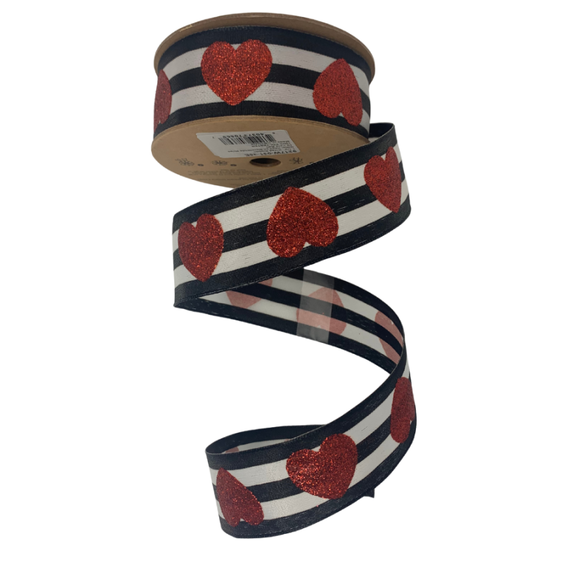 1.5" x  10yd  Glitter Heart on Black/white Stripe Ribbon