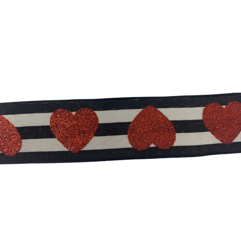 1.5" x  10yd  Glitter Heart on Black/white Stripe Ribbon