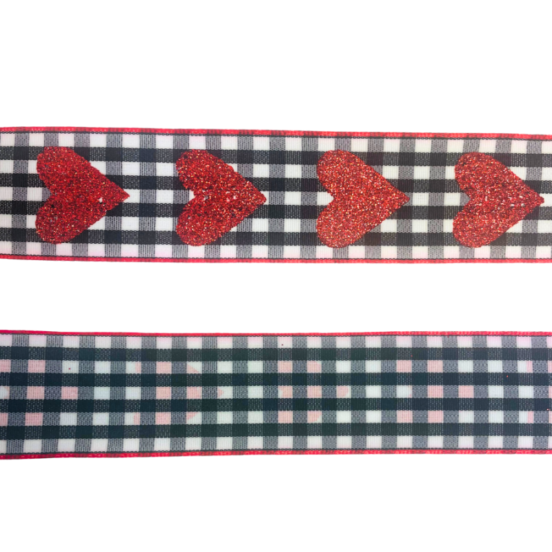1.5" x 10yd Glitter Hearts on Black & White Gingham Wired Ribbon