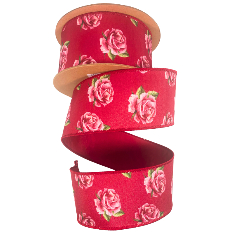 2.5" x 10yd Pink Rose Bloom on Red Wired Dupioni Ribbon