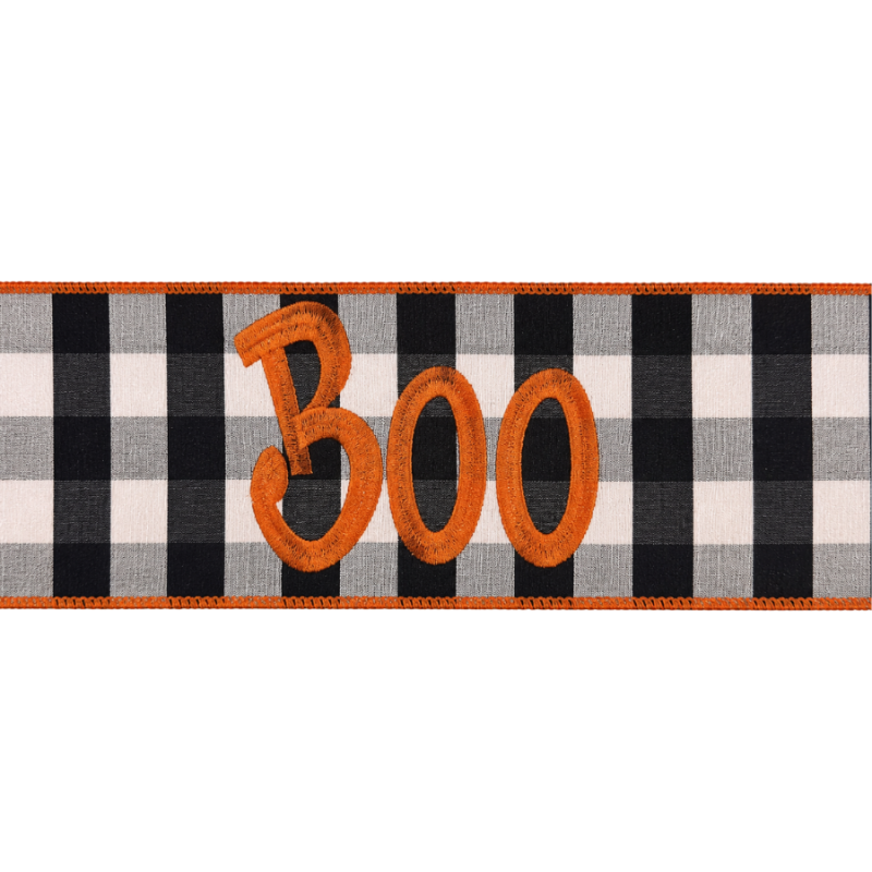 4" x 5yd BOO Embroidered Buffalo Check Ribbon