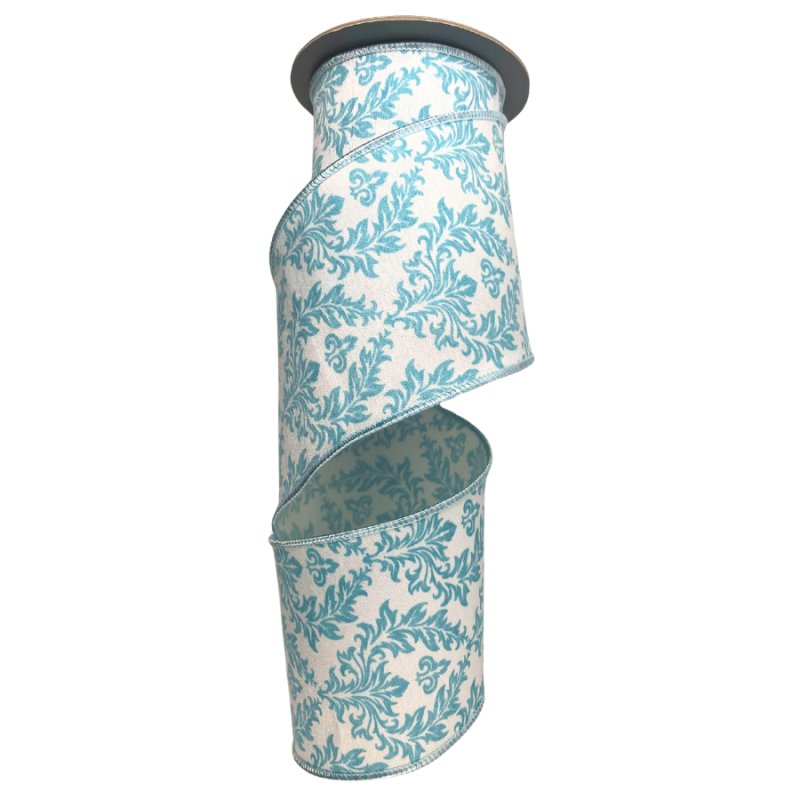 4" x 5yd White/ Blue Filigree Regal Crest Deluxe Ribbon