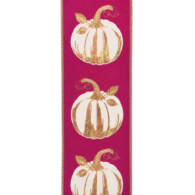 4" x 10yd White Gilded Pumpkin on Pink Deluxe Ribbon