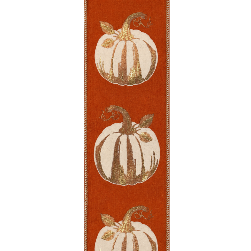 4" x 10yd White Gilded Pumpkin on Orange Deluxe Ribbon