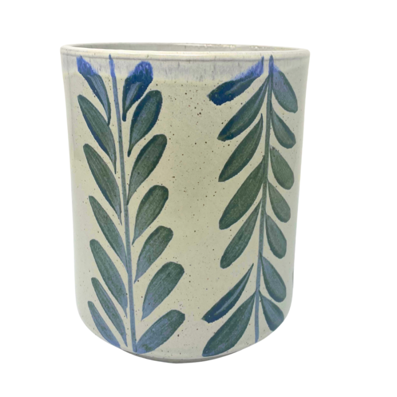 7" Blue Leaf Patterned Ceramic Utensil Crock