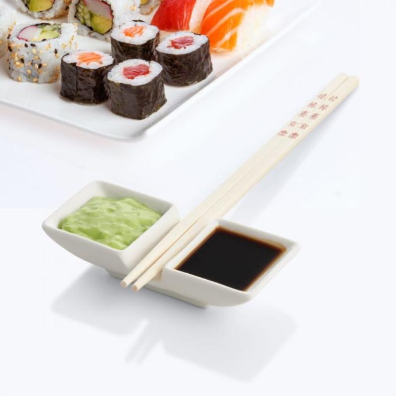 2-Section Sauce Dishes w/Chopstick Rest - Set of 2