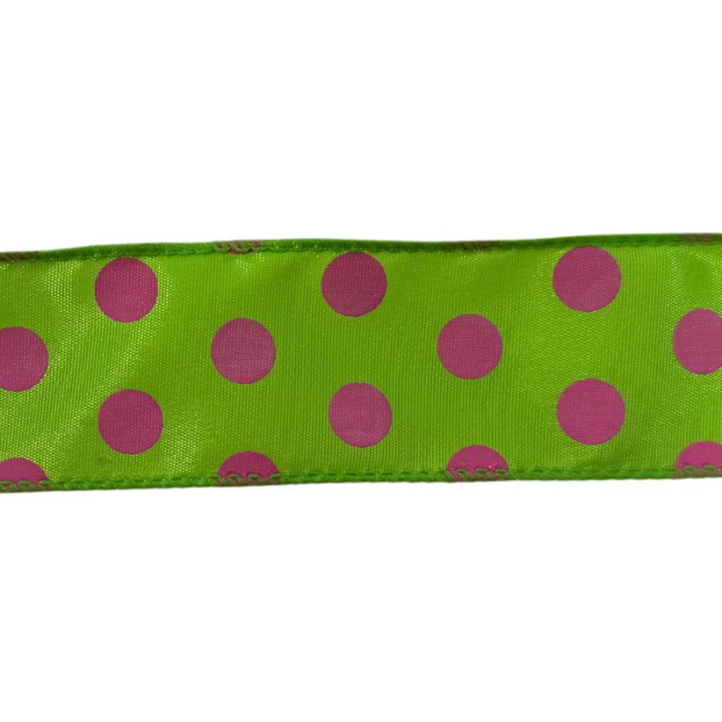 1.5" x 10yd Lime w/ Pink Polka Dot Satin Ribbon