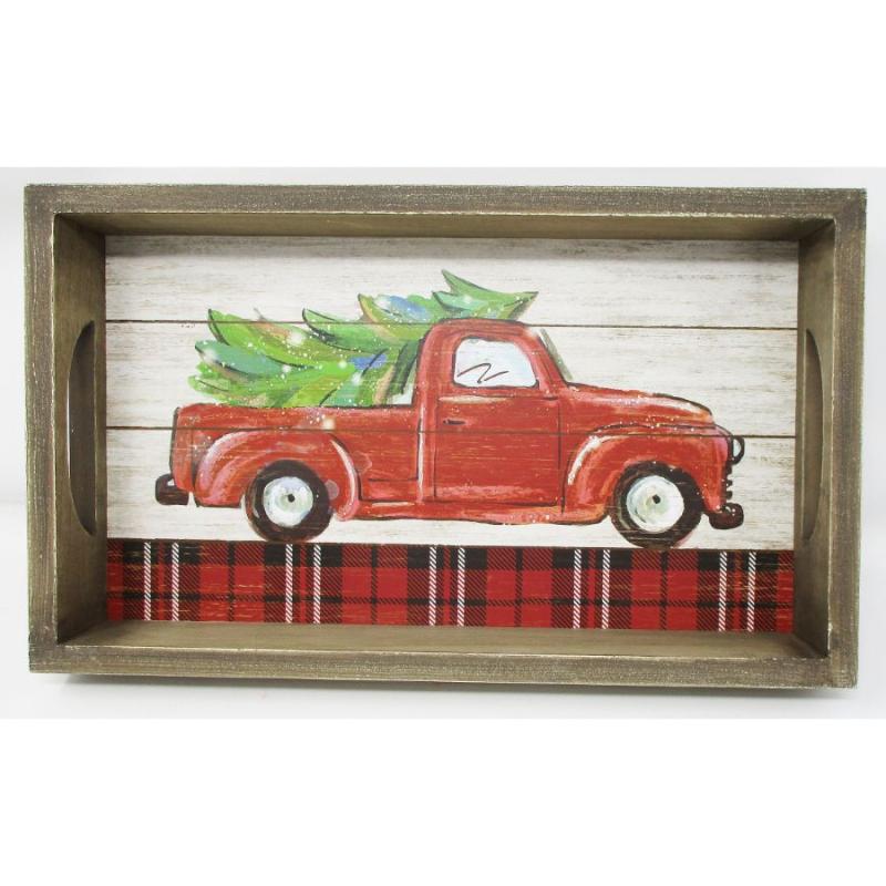 Red Vintage Truck Christmas Tree Wooden Painted Tray All Things Christmas