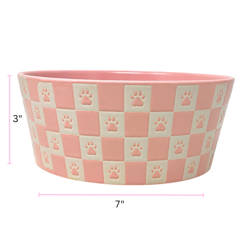 3" Pink & White Paw Checkered Pet Bowl