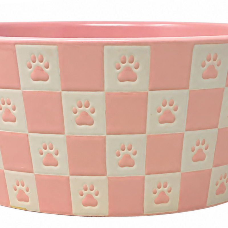 3" Pink & White Paw Checkered Pet Bowl