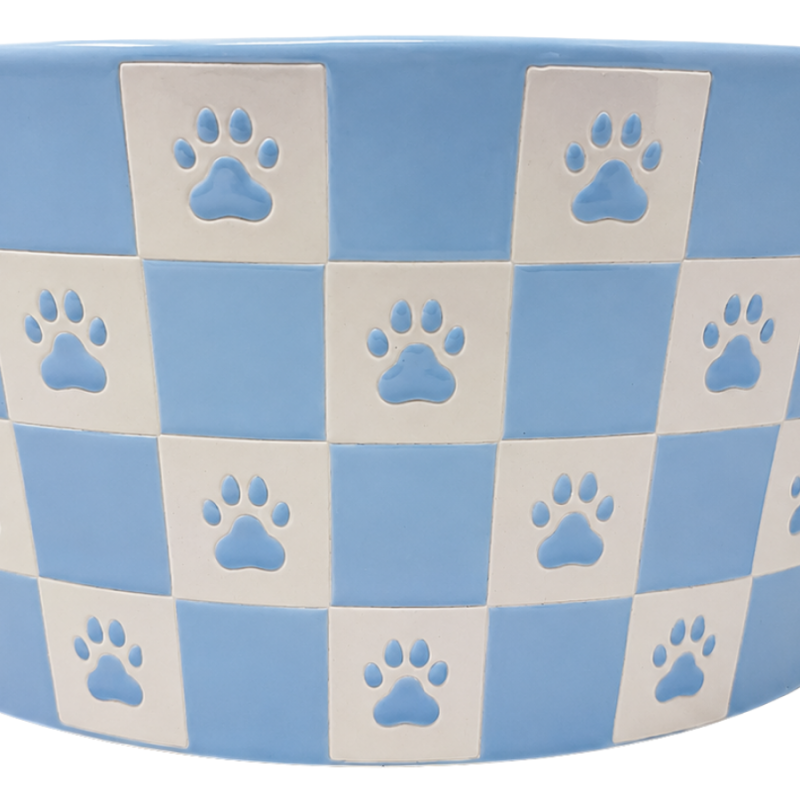 3" Light Blue & White Paw Checkered Pet Bowl