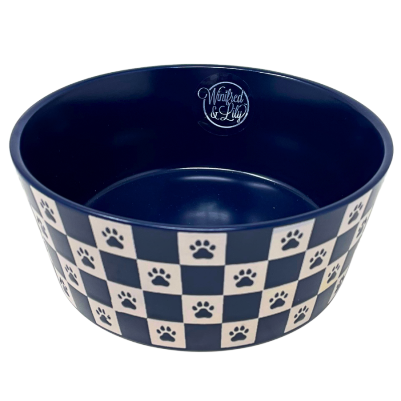 3" Blue & White Paw Checkered Pet Bowl