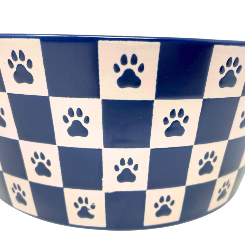 3" Blue & White Paw Checkered Pet Bowl