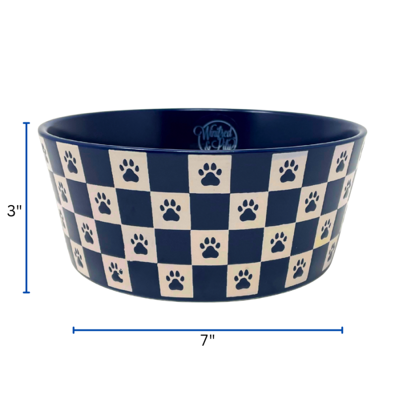 3" Blue & White Paw Checkered Pet Bowl