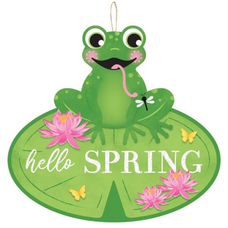 12"x11" Hello Spring Frog Shaped Sign