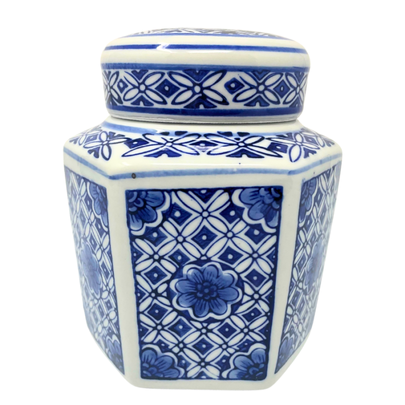 6" Blue & White Chinoiserie Porcelain Jar w/ Lid