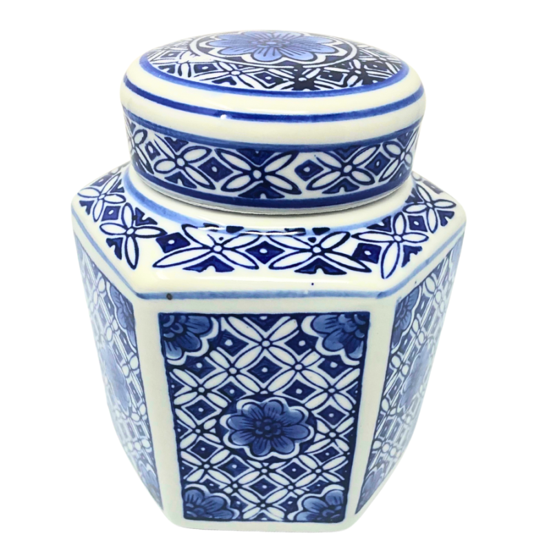 6" Blue & White Chinoiserie Porcelain Jar w/ Lid