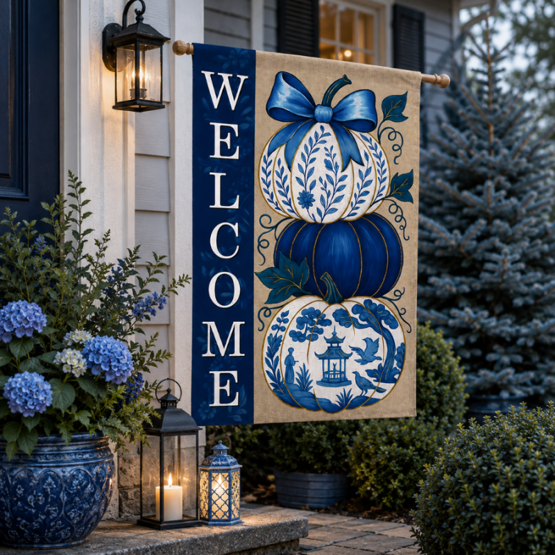 Chinoiserie Welcome Pumpkin Burlap House Flag