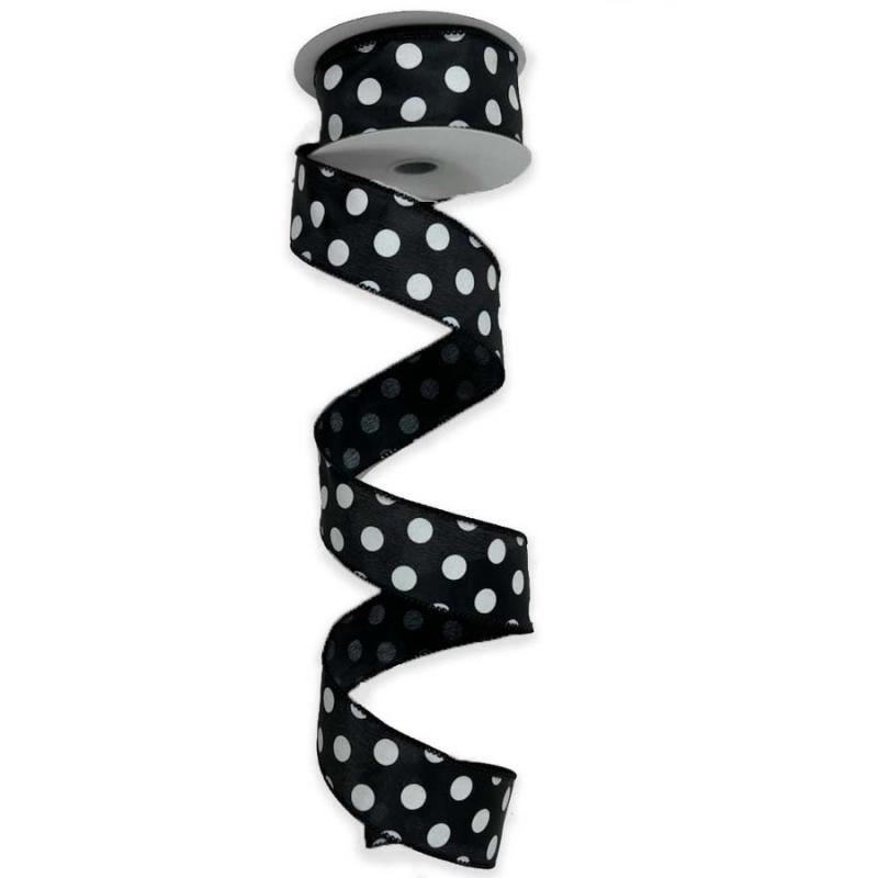 1.5" x 10yd Black w/White Polka Dot Satin Ribbon