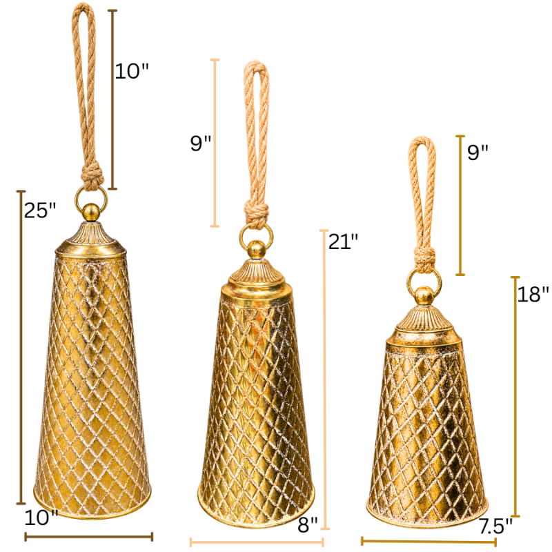 Long Metal Gold Hanging Bells - Set of 6