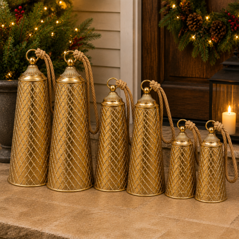 Long Metal Gold Hanging Bells - Set of 6