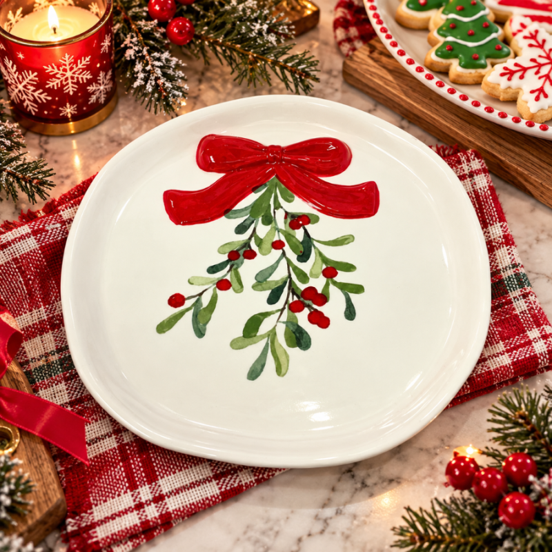 8.5" Ceramic Mistletoe Bow Plate