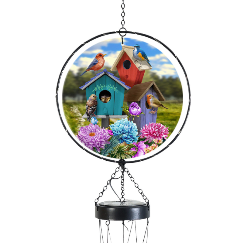 Colorful Birdhouses Illuminated Wind Chime