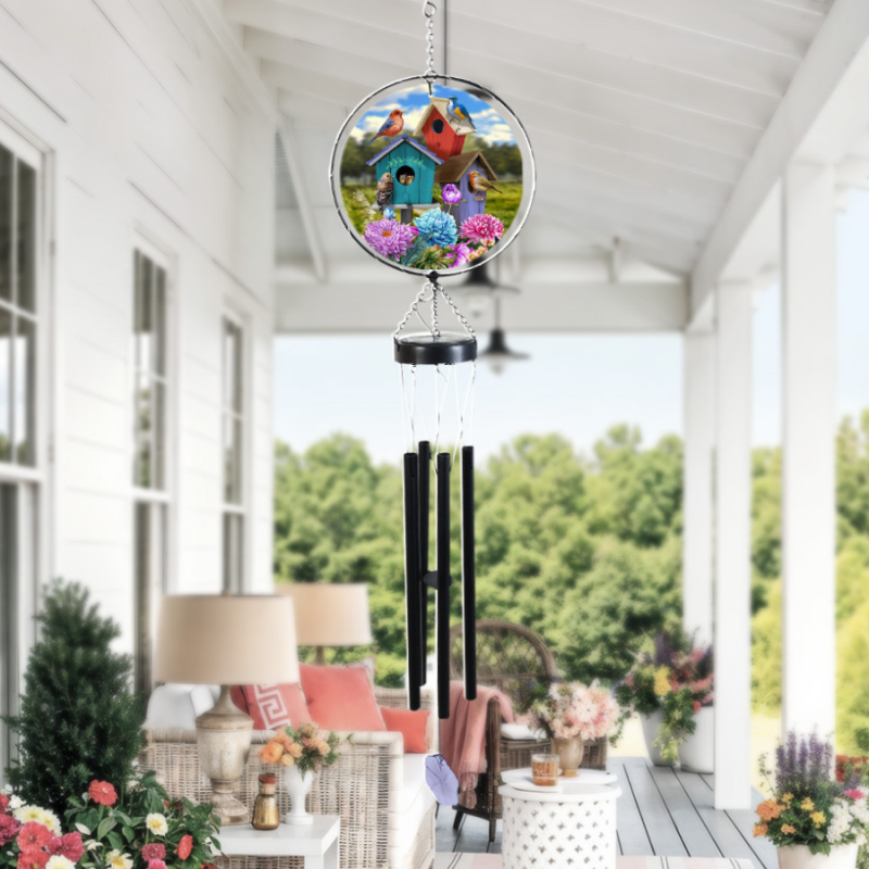 Colorful Birdhouses Illuminated Wind Chime