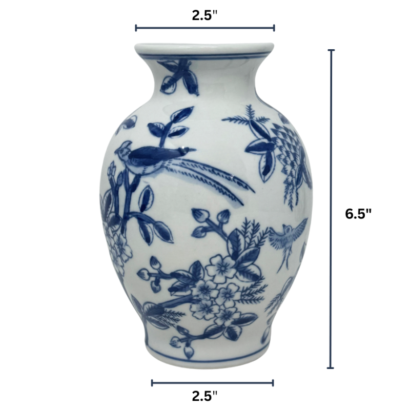 6.5" Birds & Floral Chinoiserie Vase- Short Neck