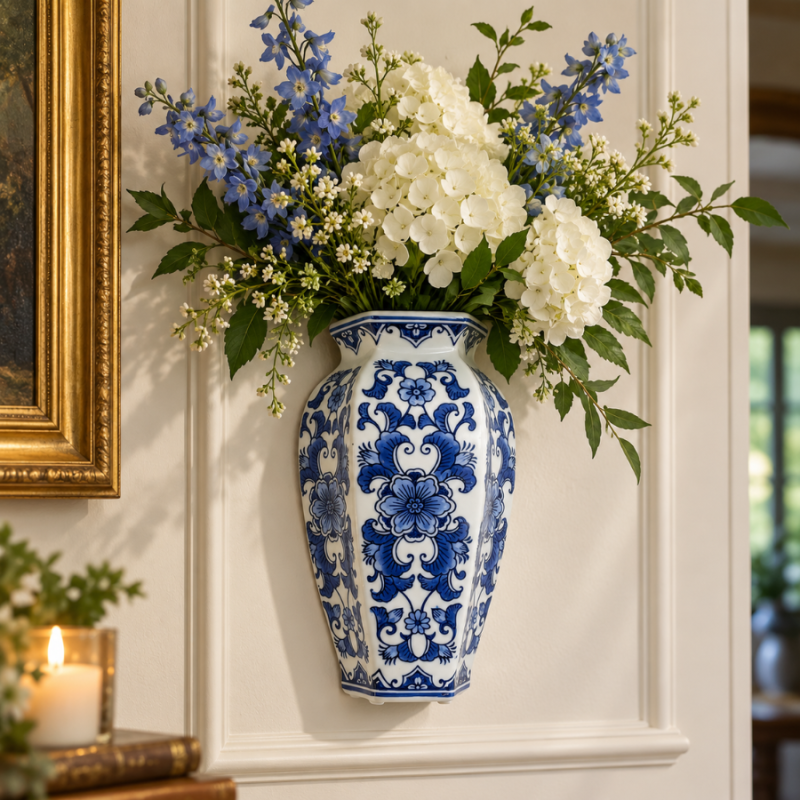 10.5" Blue & White Chinoiserie Wall Vase