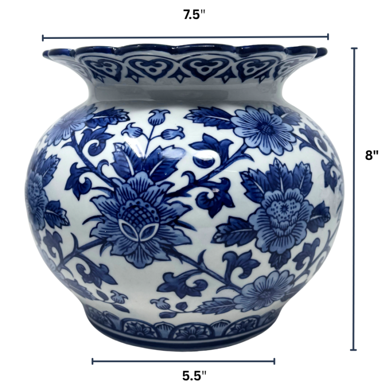 8" Round Scalloped-rim Chinoiserie Vase