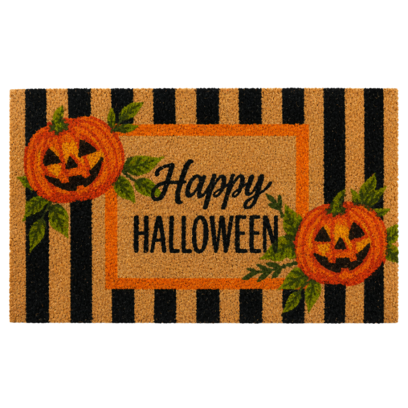 Happy Halloween Striped Pumpkin Coir Mat