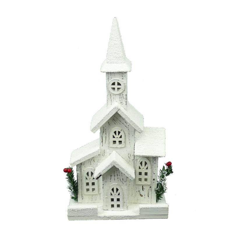16" Snowy White Church with Foliage