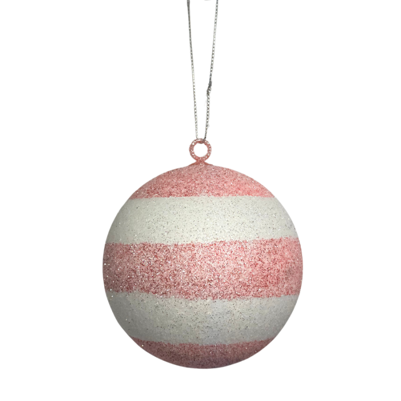 4" Pink & White Glitter Striped Ball Ornament