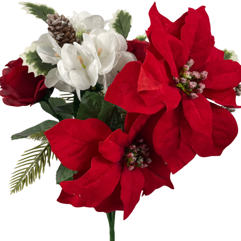 17" Red Poinsettia & Rose w/ Pinecones Bush
