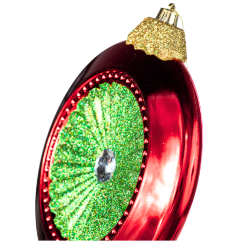 8" Red & Green Glittered Disc Ornament