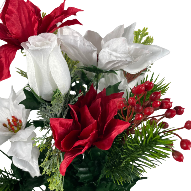 22" Red & White Poinsettia/Rose/Berry Bush