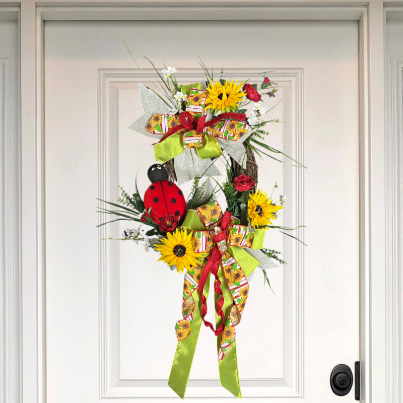 Spring Wreath with Sunflowers and Ladybugs