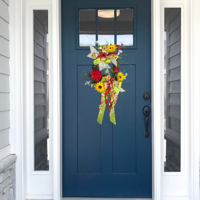 Spring Wreath with Sunflowers and Ladybugs