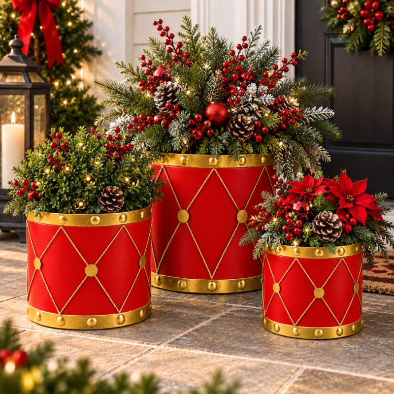 Red & Gold Metal Drum Planters - Set of 3