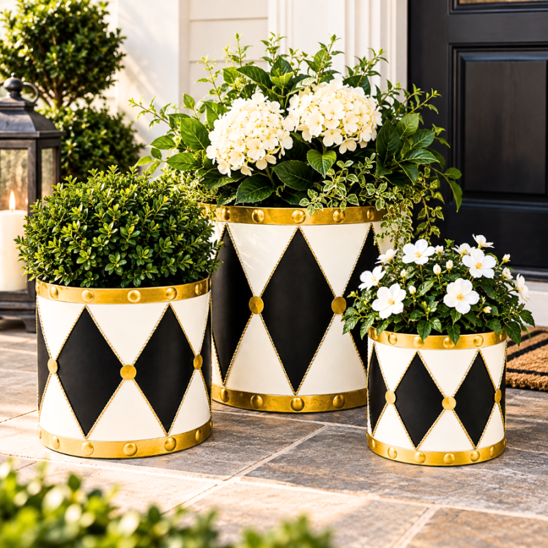 Black & White Metal Drum Planters - Set of 3