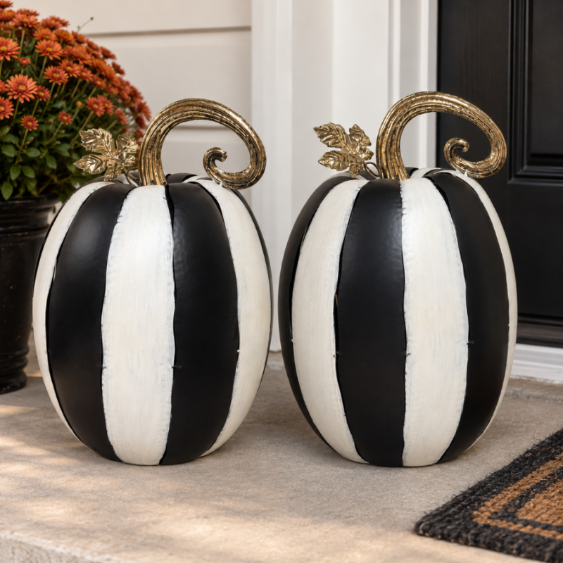 21" Metal Cut Out Pumpkin Lantern -Black & White  - Set of 2